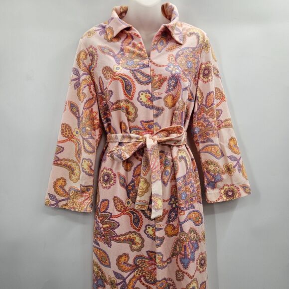 Vintage Sears At Home Wear Belted Robe M/L Paisley Print Fleece Pockets Pink 70s - Picture 3 of 7